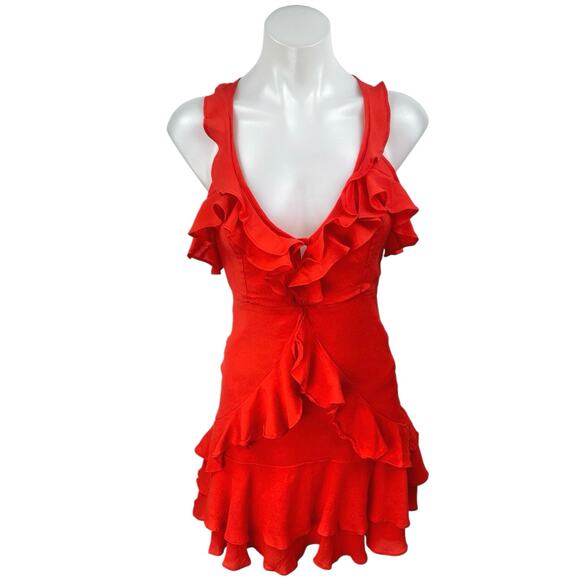 NEW Lulus Carmela Coral Red Sleeveless V Neck Ruffle Mini A Line Dress Size XS - Picture 1 of 6